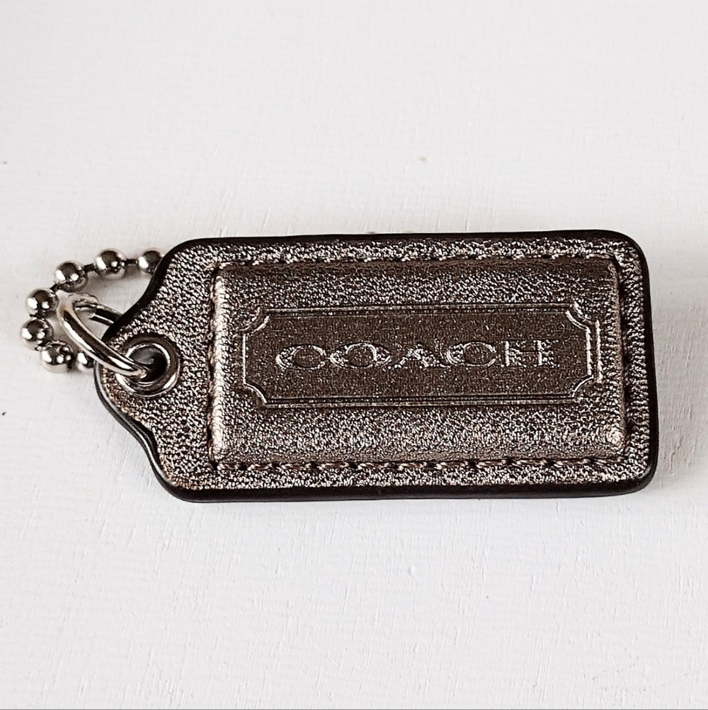 🏷️ 2" Med Coach Metallic Bronze Leather Hang Tag Bag Fob Charm Keychain Pendant - Picture 2 of 4
